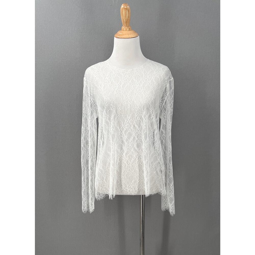 ENZA COSTA Lace Long Sleeve Top Womens Medium White Crew Long Sleeve Sheer NEW